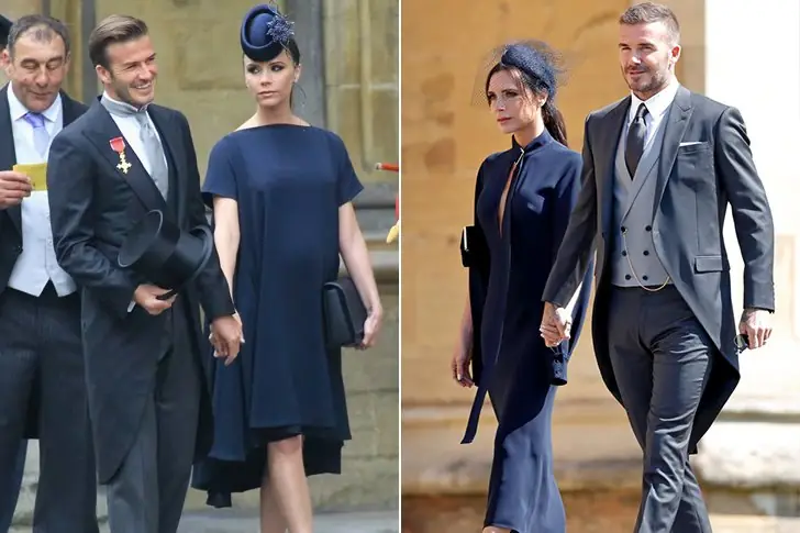 The Beckhams – Grey Suit & Navy Dress